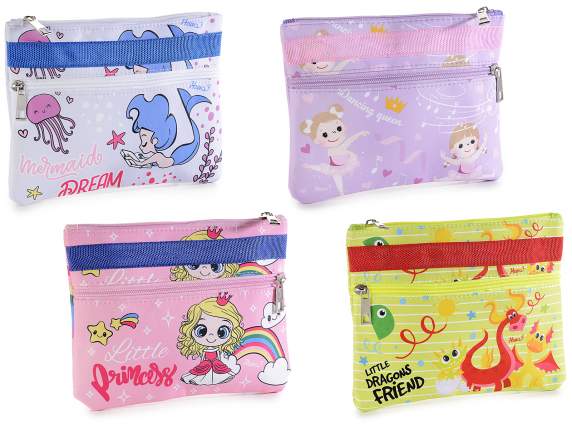 Kids print double pocket and zip fabric clutch bag